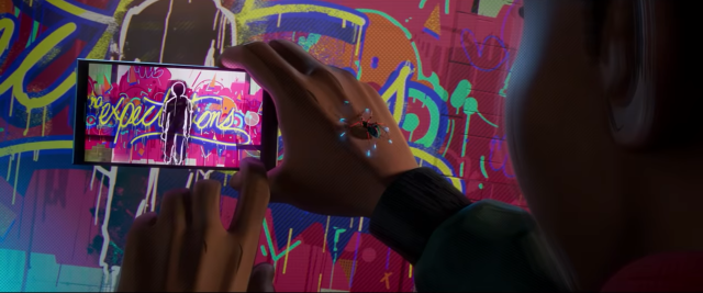 Miles takes a photo of graffiti that spells out "No Expectations"; a glowing spider is on his hand