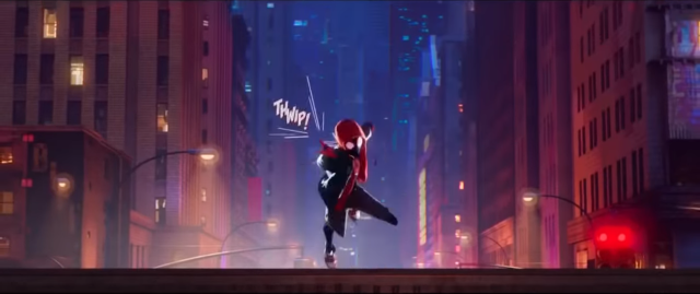 Atop a truck, Miles Morales shoots spiderwebbing with the conspicuous onomatopoeia "THWIP!"